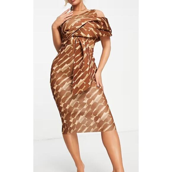 ASOS Design Dress Peekaboo Shoulder Tuck Pencil Midi Geo Print Brown Tan 0 NWOY - Picture 3 of 10